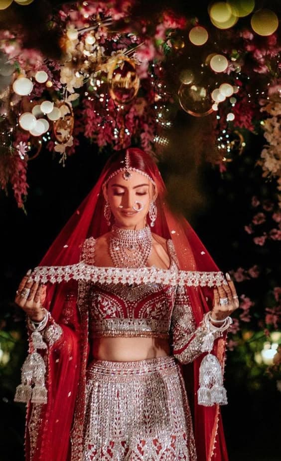 Wedding photography — Bridal portrait red lehenga night shoot